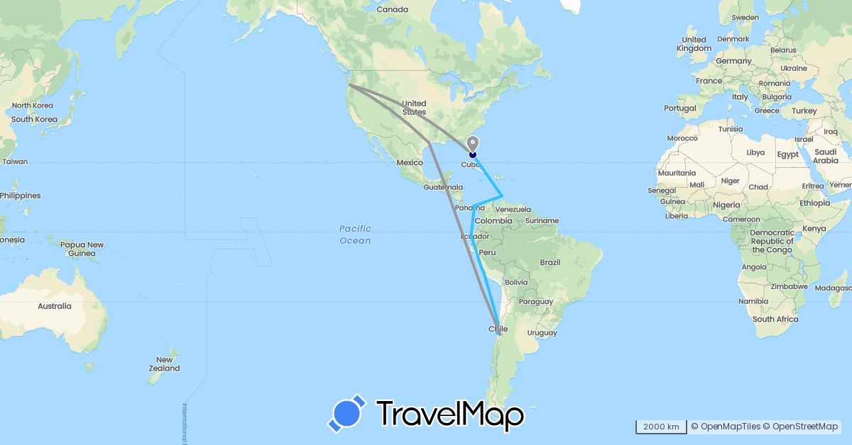 TravelMap itinerary: driving, plane, boat in Chile, Ecuador, Netherlands, Panama, Peru, United States (Europe, North America, South America)